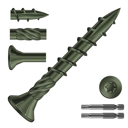 #8 x 1-1/4" Deck Screws (1592Pcs) 8lb. Carbon Steel, Green, Flat Head, Rust Resistant epoxy Coated, with T25 Star Bit