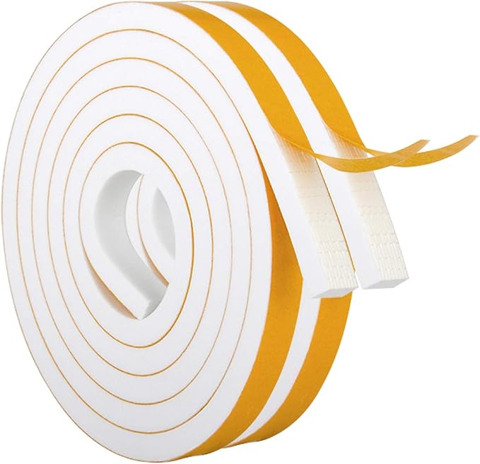 White Door Window Weather Stripping Self Adhesive Foam Tape 1/2 in × 1/4 in × 26 Ft, High Density Foam Sealing Strip Window Insulation Weatherproof Gasket Tape for Doors and Windows