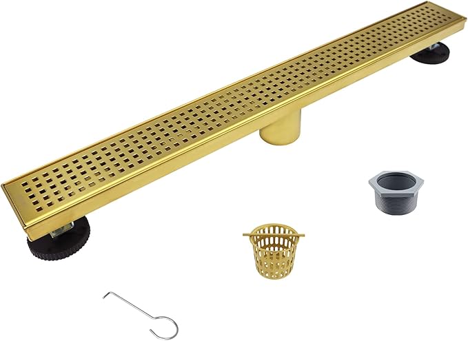 Linear Shower Drain 24", 304 Stainless Steel Floor Drain with Grid Drain Cover & Hair Strainer, Rectangular Shower Drain w/CUPC Certified, Brushed Gold