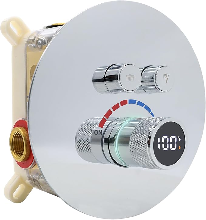 Round Digital Display Shower Valve 2 Way Shower Mixing Valve Concealed Installation Can Use All the Time Polished Chrome