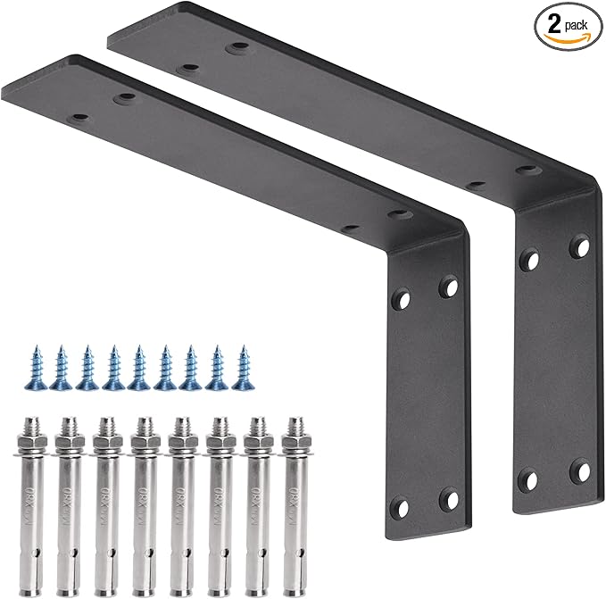 YUMORE Heavy Duty Shelf Brackets 10 inches, 1/5IN Thicken Countertop Support L Brackets, Solid Metal Shelf Bracket, Includes Hardware, Matte Black, 2 Pack