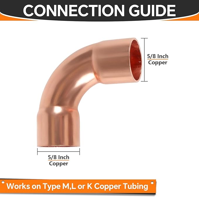50-Pack HeSun Copper Fittings, 5/8-Inch Long Radius 90-Degree Copper Elbow, C x C with Sweat Solder Connection