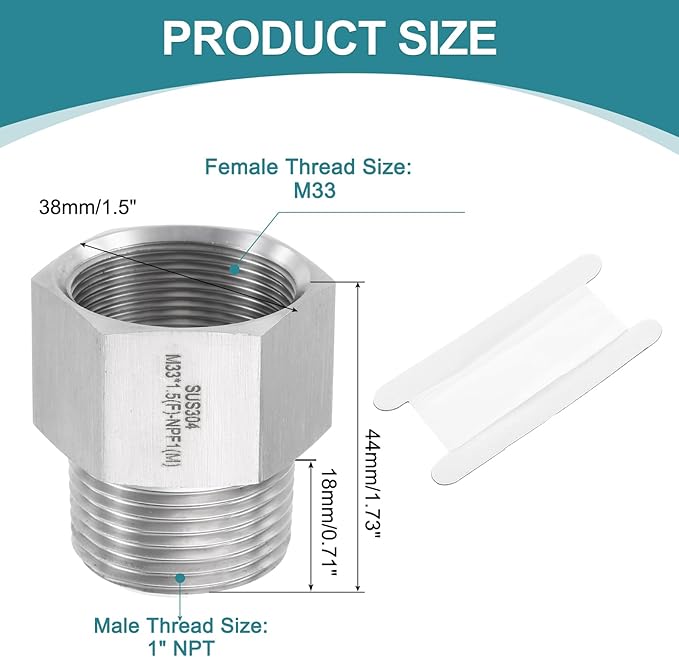 uxcell Pipe Fitting Reducing Adapter, 1" NPT Male x M33 Female 304 Stainless Steel Reducer Connector for Water Oil Air Pressure Gauge, Silver
