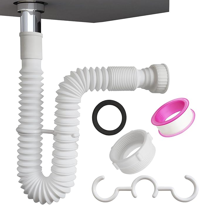 White Flexible Expandable Bathroom P Trap, 1 1/4 to 1 1/2 Sink Drain Adapter Included, Wash Basin Rubber Tips Sink Drain Pipe, Universal Extension Tube for Kitchen Bathroom Sink Sewer Drain
