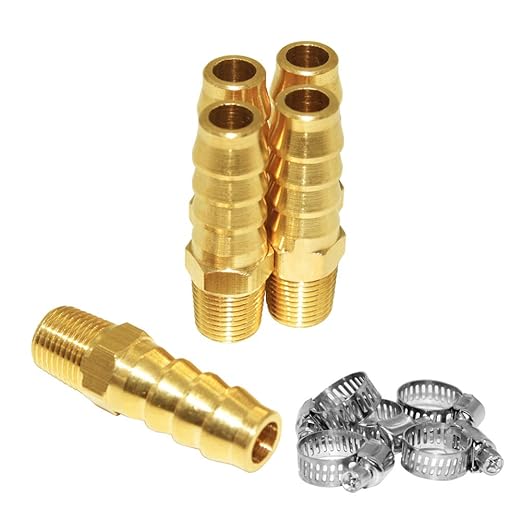 JoyTube 5 Pcs Hose Barb Fittings 3/16" Barb to 1/4" NPT Male Thread Brass Metals Adapter Connector with Hose Clamp