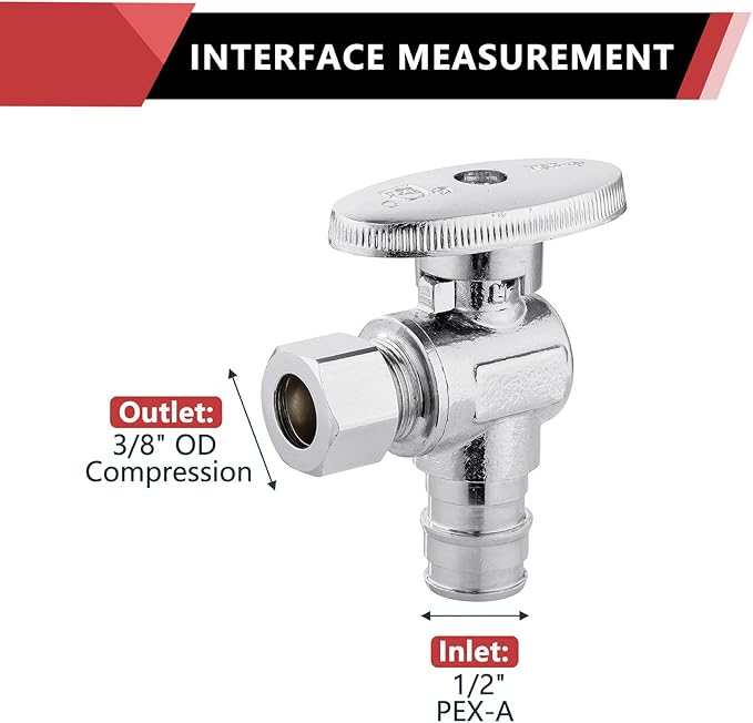 100 PCS EFIELD Stop Valve Pex-a 1/4 Turn Angle 3/8" OD Compression X 1/2" Expansion (F1960), Chrome Plated Brass,(VALVE094-100PCS)