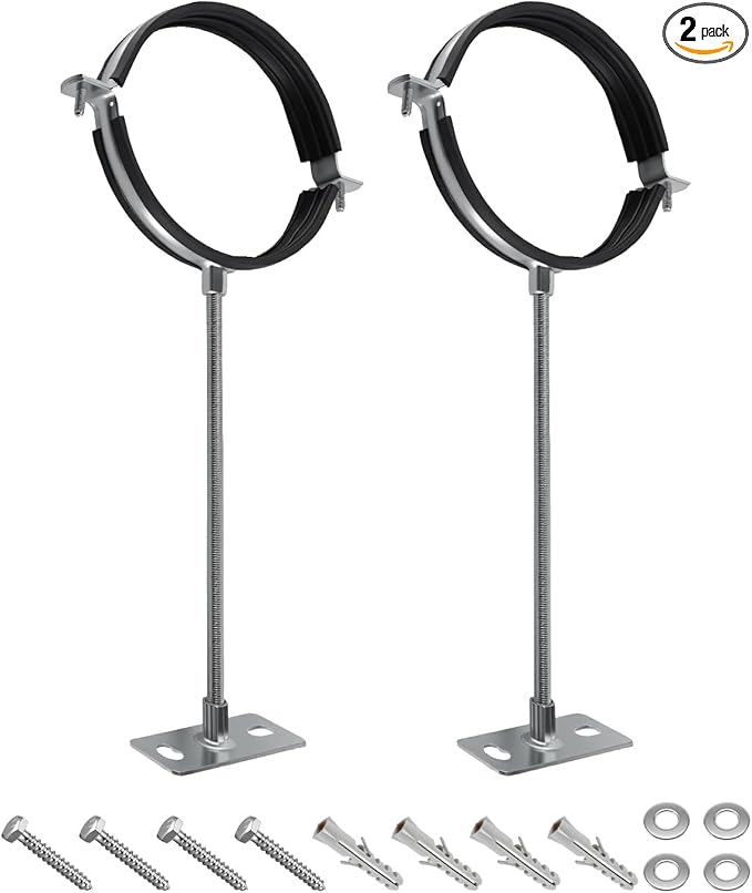2 Pack 6 Inch Pipe Hanger Bracket with 16 Inch Extension Rod, Heavy Duty Galvanized Steel Split Ring Clamp for Vent Pipe Chimney Drain Pipe Installation