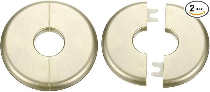 HARFINGTON 2pcs Wall Split Flange 22.5mm/0.9" Self-Adhesive Plumbing Cover Plates ABS Plastic Round Escutcheon Plate Buckle Design for Water Pipe Bathroom Kitchen Decoration, Gold Tone