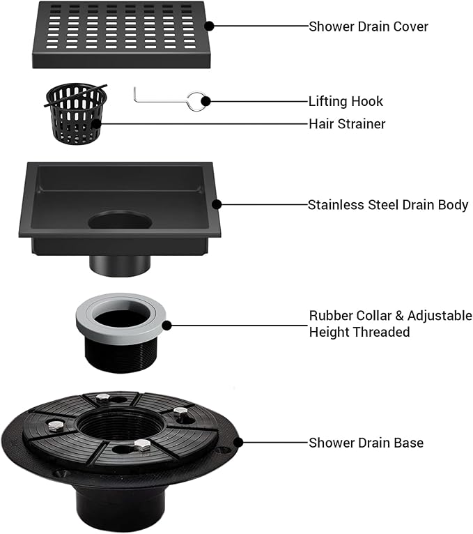 4 Inch Square Shower Floor Drain, Shower Drain Kit with Flange, Square Shower Drain, SUS 304 Stainless Steel Floor Drain,Matte Black