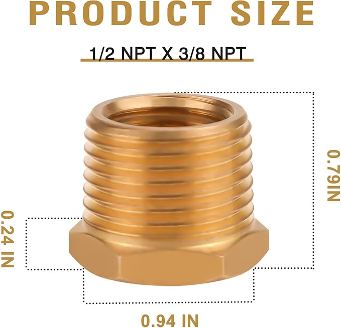 Brass Reducer Hex Bushing, NPT 1/2 Male to NPT 3/8 Female Thread Reducing Adapter for Water Line Gas Oil Air Hose Fuel Pipe Fitting 2PCS