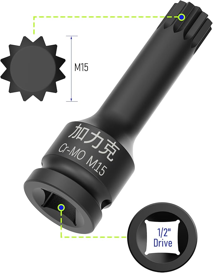 1/2-Inch Drive x M15(15mm） Impact XZN Triple Square Spline Bit Socket, Metric Lengthen Screwdriver Socket Adapter, 3-Inch Length, CR-MO Steel, One-Piece Construction, Black