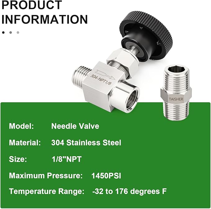 TAISHER 1PCS 304 Stainless Steel Straight Needle Valve 1/8" NPT Male x 1/8" NPT Female For Flow Control Water Gas Oil With Nipple