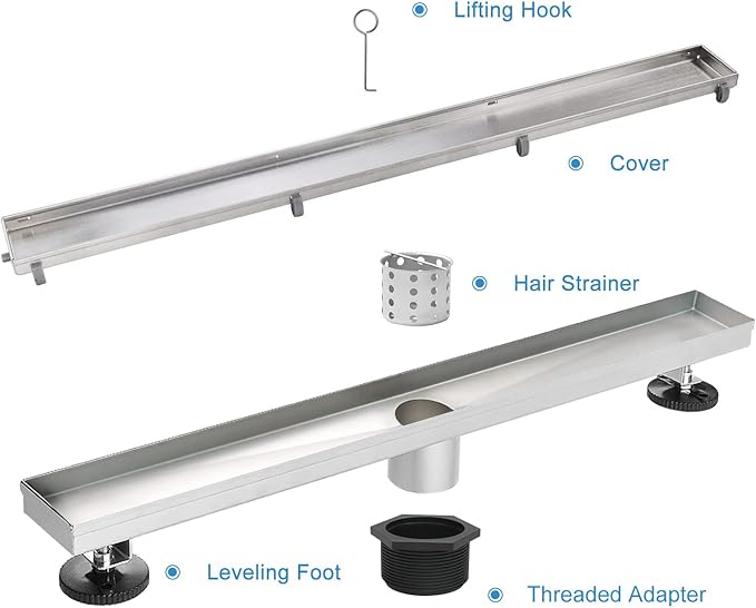 Linear Shower Drain, 36 inch Drain with Tile Insert 2-in-1 Panel, Brushed 304 Stainless Steel Shower Floor Drain, Linear Drain with Hair Strainer and Adjustable Feet