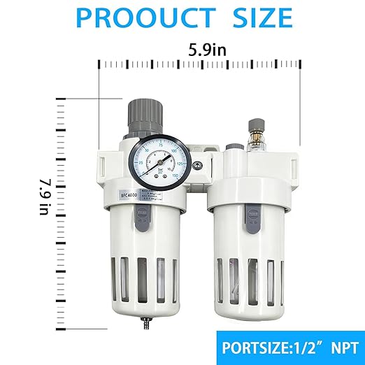 XingNEeng 1/2" NPT Compressed Air Filter Regulator Lubricator (FRL) Unit, Double Water/Oil Trap Separator, Gauge(0-150 psi), Semi-Auto Drain Air Compressor Water Separator, Poly Bowl, Metal Bracket