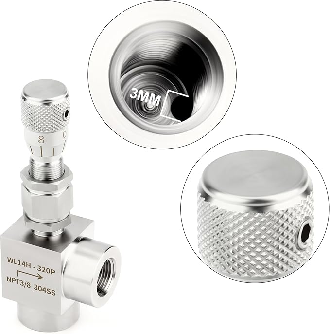 TAISHER 1PCS 304 Stainless Steel Reduce Port 3mm 90 Degree Elbow Needle Valve 3/8" NPT Female，Accurate Dials For Micro Flow Control Instrument Gauge Water Gas Oil