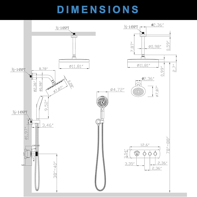 Shower System Brass Thermostatic Shower Faucet Set With Valve and Diverter Shower Mixer with 2 Rain Shower Head and Multi-function Handheld Head（Brushed Nickel）