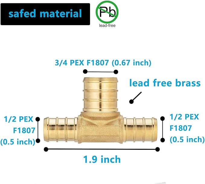 10 Pack Brass PEX Reducing Tee, 1/2" to 3/4" PEX F1807 Tee Fitting