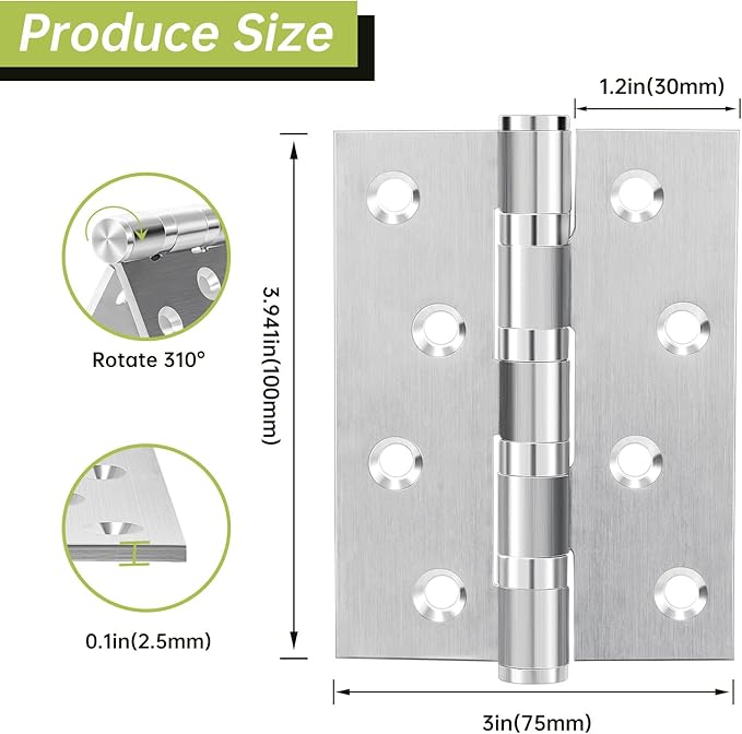 3Pcs Stainless Steel Door Hinges 4 Inch, Heavy Duty Ball Bearing Hinges for Interior Exterior Doors, Square Corner, Max Loading 150LB, Smooth and Quiet, Silver