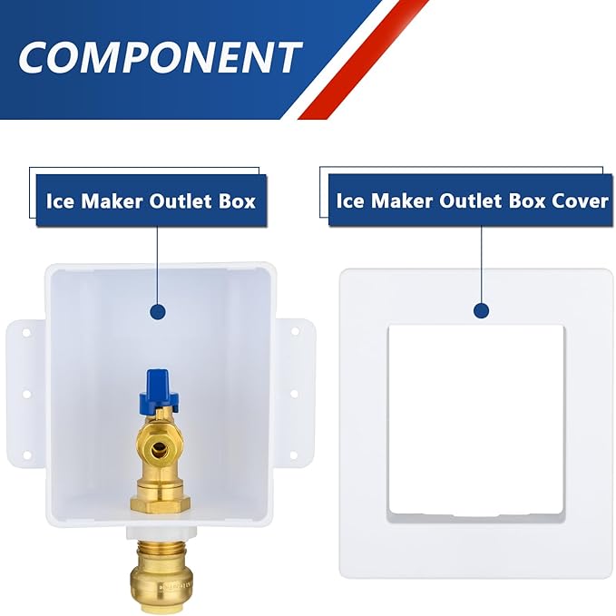 Ice Maker Outlet Box,1/2 Inch Push-fit Inlet and 1/4 Inch OD Compression Outlet Connection, Icemaker Box with Installed 1/4-Turn Ball Valve