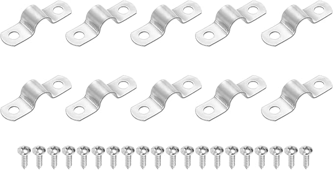 uxcell 10Pcs 10mm(3/8") Two Hole Rigid Pipe Strap, 304 Stainless Steel Conduit Clamp Thicken U Bracket Heavy Duty Pipe Clamp with Self-Tapping Screws for Fixing Tube Cable, Silver