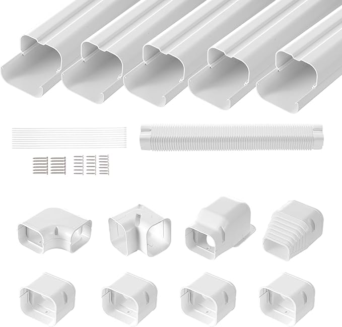 VEVOR Mini Split Line Set Cover 3-inch W 10Ft L, PVC Decorative Pipe Line Cover for Air Conditioner with 5 Straight Ducts & Full Components Easy to Install, Paintable for Heat Pumps, White