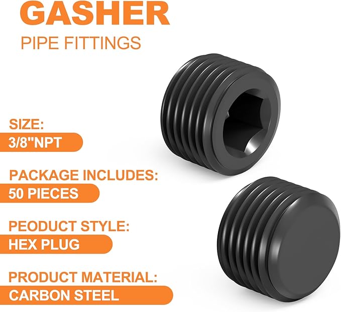 GASHER 50Pcs 3/8" NPT Carbon Steel Pipe Plug Fitting Internal Hex Thread Socket Pipe Plug