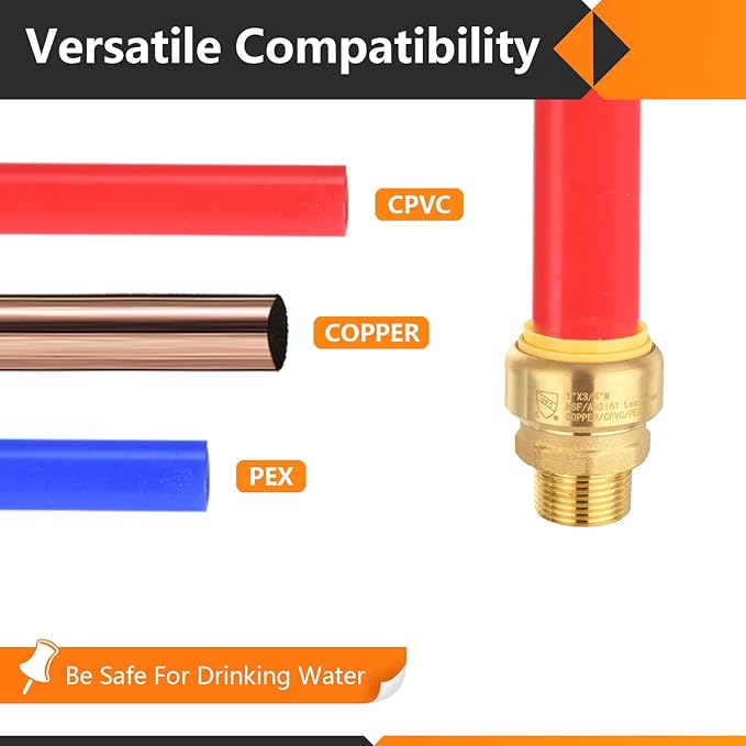 5-Pack HeSun Pushfit Male Adapter, 3/4" MNPT x 1" Push to Connect Plumbing Fittings with Disconnect Clip, Brass Push-fit Fittings for PEX, Copper, CPVC, PE-RT Pipes(PF150-5)