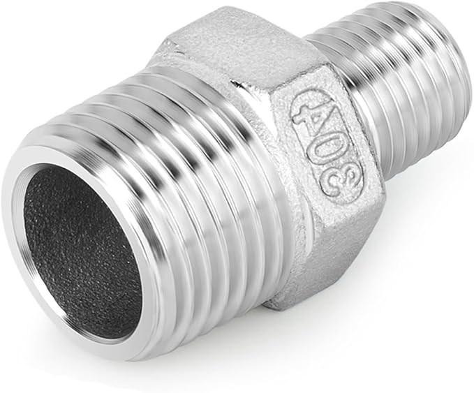 5PCS 304 Stainless Steel Reducing Hex Nipple, 1/2" x 1/4" Male NPT Straight Head Pipe Adapter Fittings, Reducer Nipples Connectors for Oil, Water Line, Gas