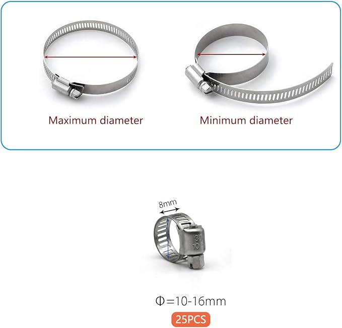 Hose Clamp, 25 Pack Stainless Steel Worm Gear fuel line hose clamps, 10-16mm (3/8-5/8 inch)