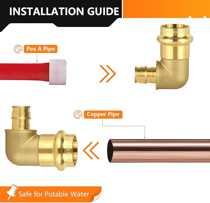 20-Pack HeSun Copper Press Fitting Elbow, 3/4" PRESS X 1/2" PEX-A F1960 Expansion Elbow, LF Brass