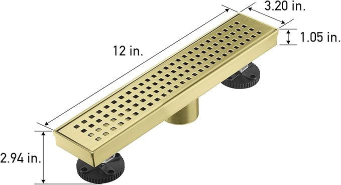 Linear Shower Floor Drain, Brushed Gold 12 Inch 304 Stainless Steel Bathroom Drains Kit, Long Rectangular Shower Trench Drain with Square Pattern Drain Cover & Hair Catcher