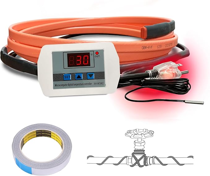 Cupohus Heat Tape for Water Pipes with Digital Display Thermostat 3FT, Freeze Protection Self-Regulating Heat Trace Cable for Metal, Plastic Home Pipes, Roof and RV, 110-120V