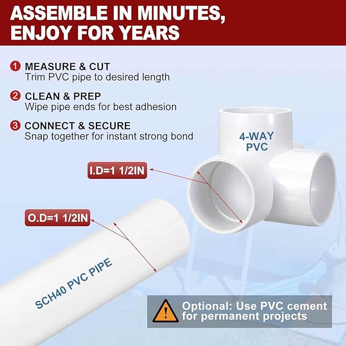 2Pcs 1 1/2" Elbow PVC Fitting, Schedule 40 4-Way Tee Furniture Grade PVC Pipe Fitting, 90-Degree DIY Corner Elbow Connector for Building Furniture, Greenhouse Frame Connection