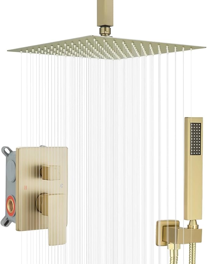 12 Inch Ceiling Mount ‎Brushed Gold Shower System Bathroom Luxury Rain Mixer Shower Combo Set Ceiling Rainfall Shower Head System (Contain Shower Faucet Rough-in Valve Body and Trim Kit)