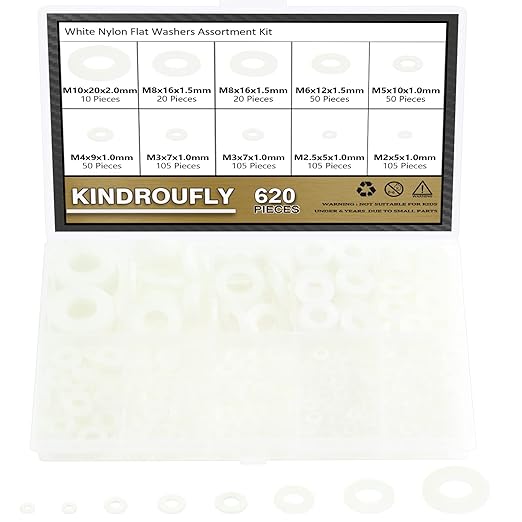 620 Pieces Nylon Flat Washers, Kindroufly 8 Sizes Plastic Washers, White Nylon Washers Assortment Kit (M2 M2.5 M3 M4 M5 M6 M8 M10)