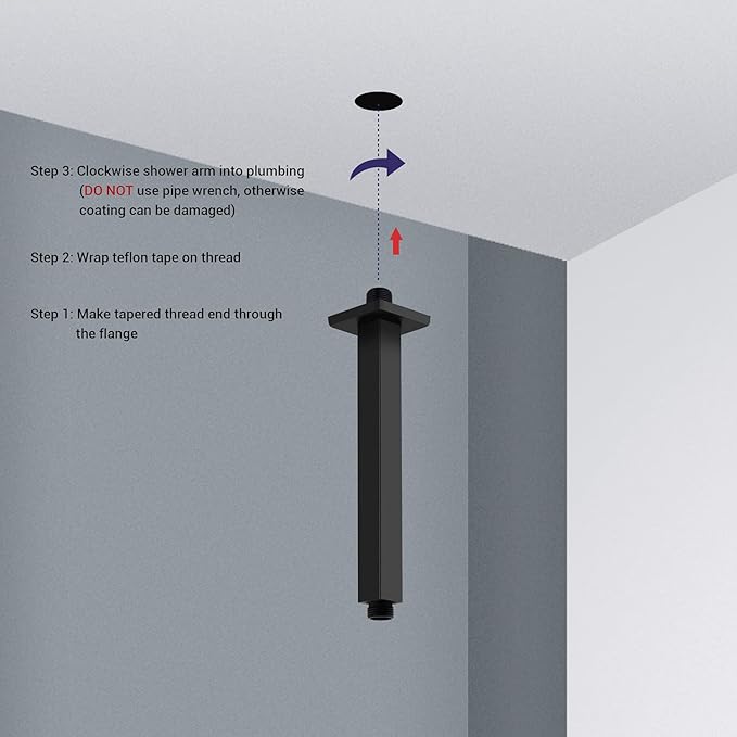 Matte Black Shower Arm with Flange Ceiling Mounted 8 Inch Square Extension Pipe for Overhead Rainfall Shower Head, Stainless Steel