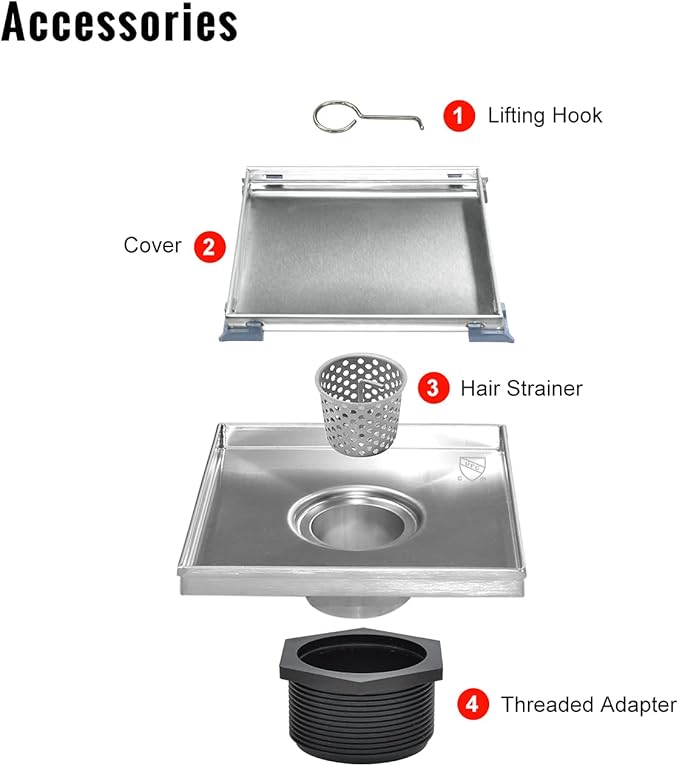 SaniteModar Square Shower Drain 4 inch Comes with Tiled Stealth and 304 Stainless Steel Brushed 2 in 1 Panels. The Shower Drain is Equipped Hair Filters and Threaded Joint with Rubber Seal