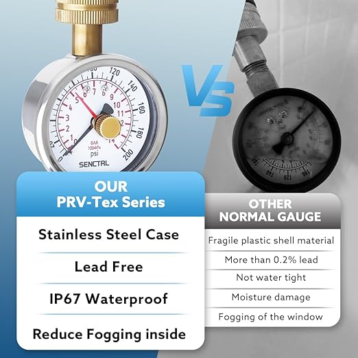 SENCTRL 0-200 Psi Water Pressure Gauge Test with Lazy Hand, Lead-Free, Waterproof, 2.5" Dial Size, 3/4" Female Garden Hose Thread, Stainless Steel Case, for Home Potable Water, House Tube