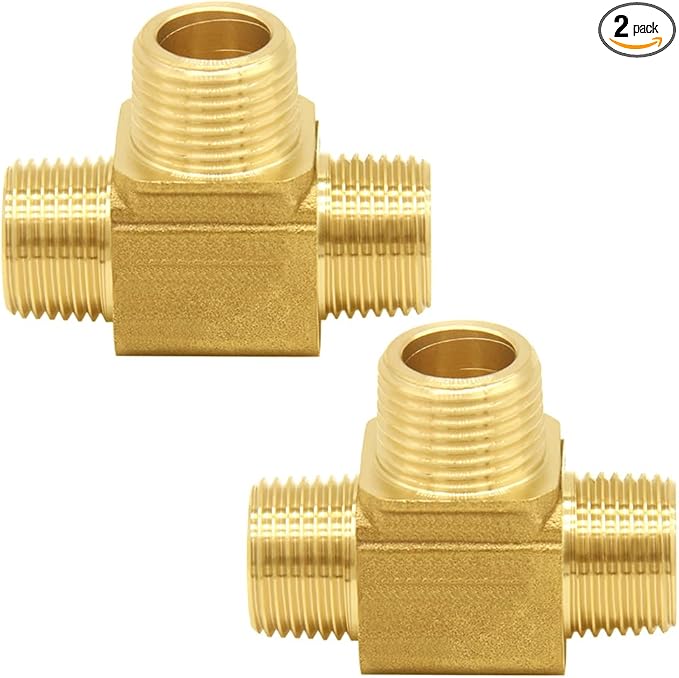 Joywayus Brass Pipe Fitting Barstock Tee 3 Way NPT 1/4" Male x 1/4" Male x 1/4" Male Hose Fitting (Pack of 2)