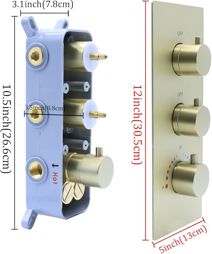 2 Function Shower Thermostatic Brass Valve Volume Control Can Work at the Same Time: 3 Round Knob, Concealed Brass Rough-In Valve (Brushed Gold, 2-Way)
