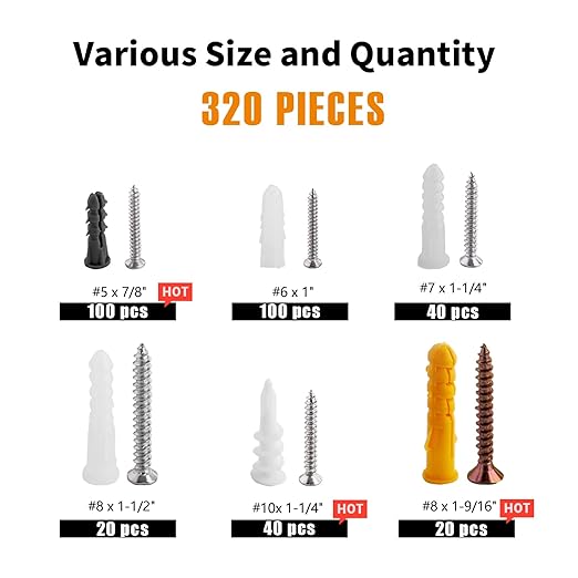 320pcs Plastic Drywall Wall Anchors Kit with Screws,6 Different Assorted Size Nylon Plastic Wall Anchors for Drywall, Holds Up to 75lbs, No Pre Drill Hole Preparation Required