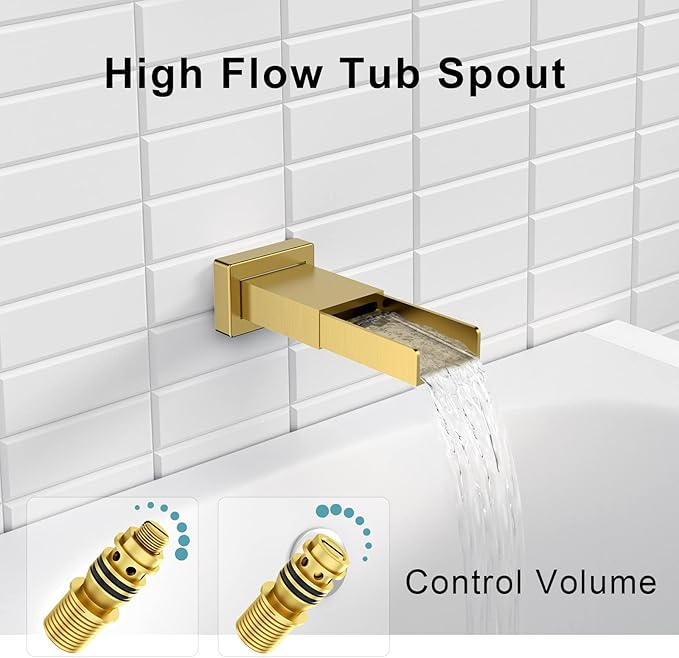SR SUN RISE 12 Inches All Metal Square Shower System with Tub Spout, Tub Shower Faucet Set, High Pressure Rain Shower Head and Handheld Sprayer Combo Shower Fixtues, Valve Included, Brushed Gold