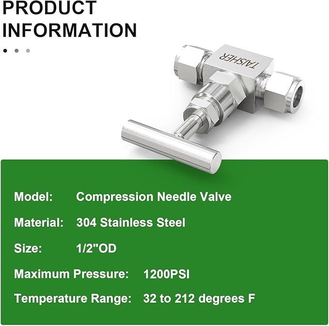 TAISHER 1PCS 304 Stainless Steel High Pressure Straight Needle Valve 1/2" Tube OD x 1/2" Tube OD For Flow Control Water Gas Oil