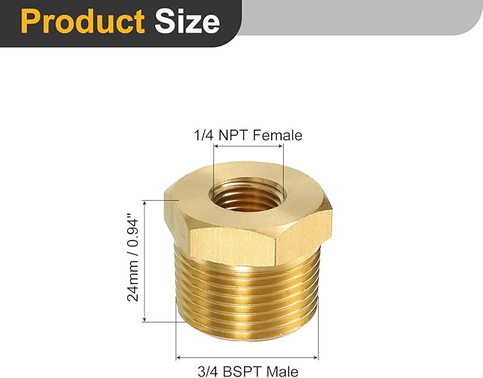 uxcell 1Pcs 3/4 BSPT Male x 1/4 NPT Female Brass Reducer Hex Bushing Threaded Pipe Fitting, Brass Threaded Pipe Fitting Adapter for Water, Gas, Oil Pipeline Systems
