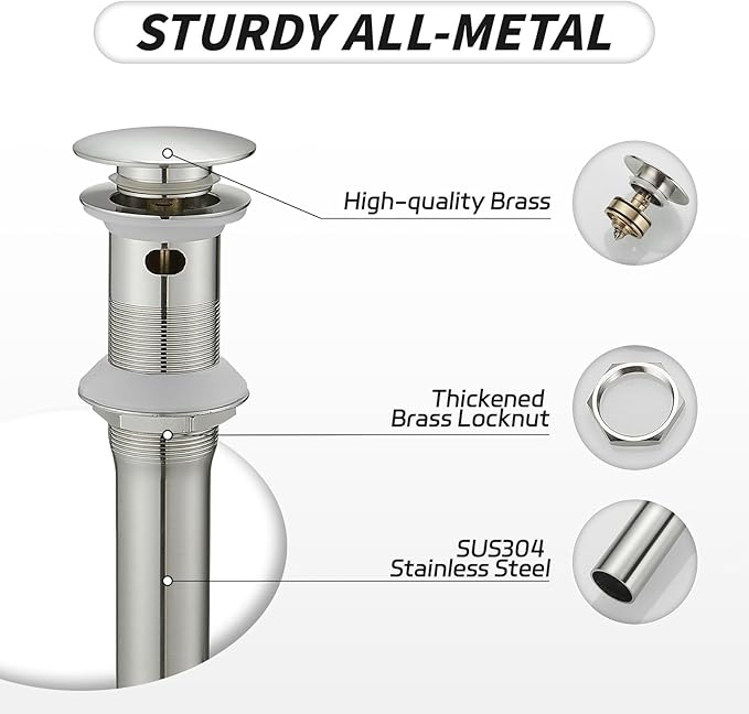 BWE Brushed Nickel One-Piece Sink Drain Stopper with Overflow for Bathroom Vessel Vanity Faucet Bathroom SinkPop-Up Drain Assembly with Strainer