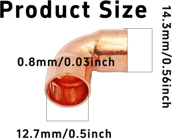 6Pcs 1/2 Inch ID 0.8mm Thick Pure Copper 90 Degree Elbow, Short Radius Pipe Fitting with Sweat Solder Connection for Plumbing HVAC Refrigeration System