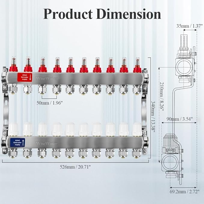 AB 10 Loops PEX Radiant Manifold, 1/2 Inch Compatible Outlets, Up to 1.4 GPM Flow Valve for Hydronic Radiant Floor Heating(1/2" Connectors Included)