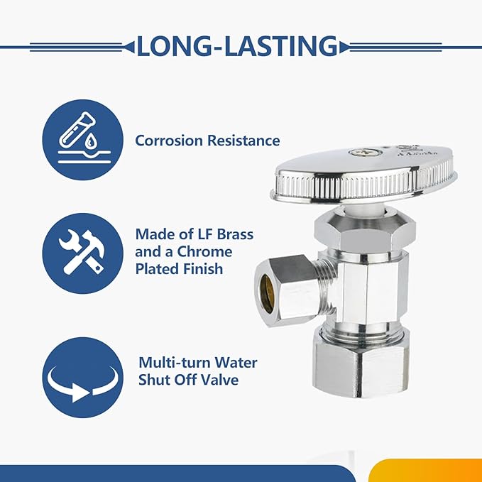 5-Pack GUOFIS Angle Stop Valve with Multi-Turn,1/2-Inch Nominal (5/8" OD) Compression x 3/8-Inch OD Compression Water Shut-off Valves(LF Brass Chrome Plate)(VALVE362)