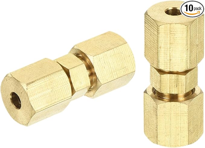 uxcell 10Pcs Brass Compression Tube Fitting, 1/8" Tube OD x 1/8" Tube OD Connector Straight Coupling Adapter Union Fittings