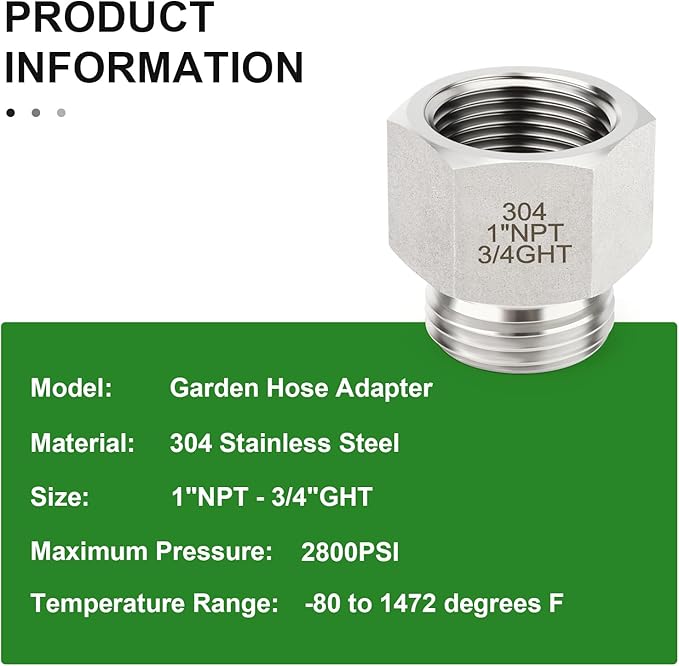 TAISHER 2PCS 304 Stainless Steel Garden Hose Adapter, 3/4" GHT Male x 1" NPT Female Garden Hose Connector